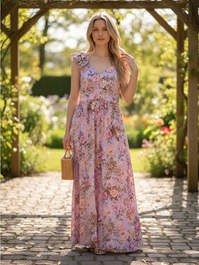 Grace Karin Lavender Floral One-Shoulder Maxi Dress